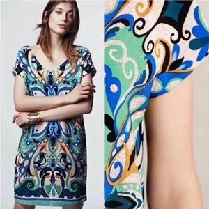 MAEVE Anthropologie Folksong Bird Shift Dress Blue & Green Size L Geometric Boho